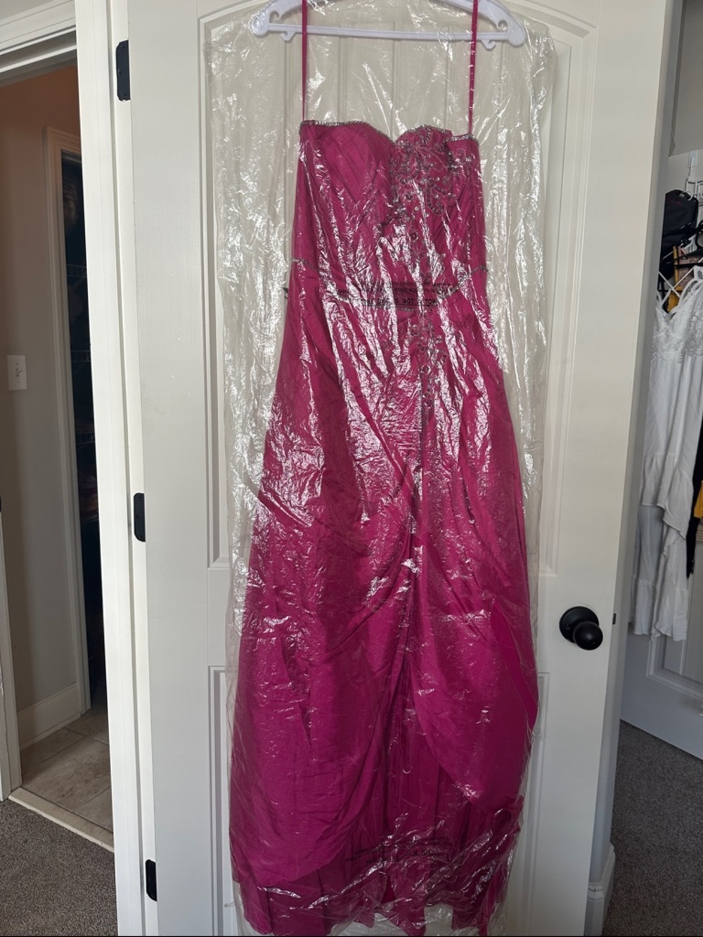 May Queen Fuchsia Strapless Beaded Formal Gown